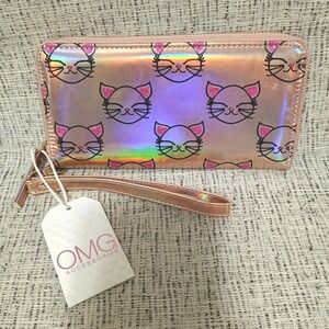 OMG Accessory Holographic Rose Gold Pink Glitter Cat Zip Around Wristlet Wallet